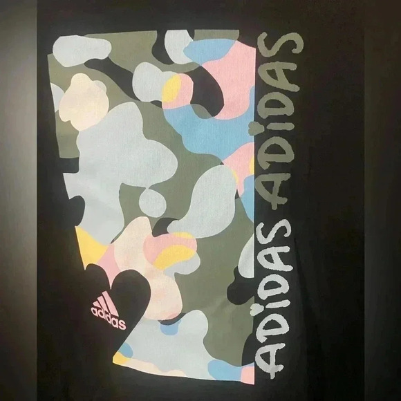 ADIDAS Girls' Long Sleeve Hooded Graphic Tee, Black with Camo Print, Large or Md - Picture 3 of 7